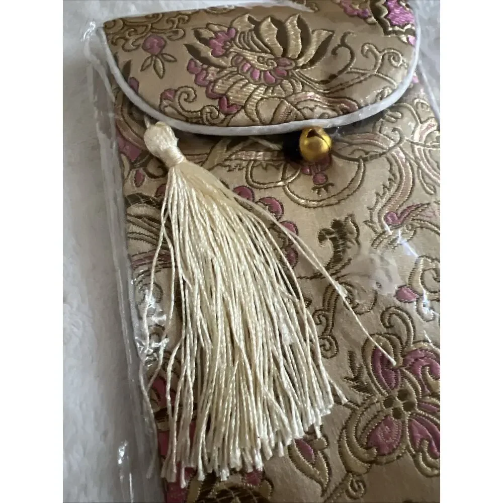 Vintage Chinese Silk Brocade Jewelry Pouch Bell Tassel NOS Sealed 7x4.5” Floral